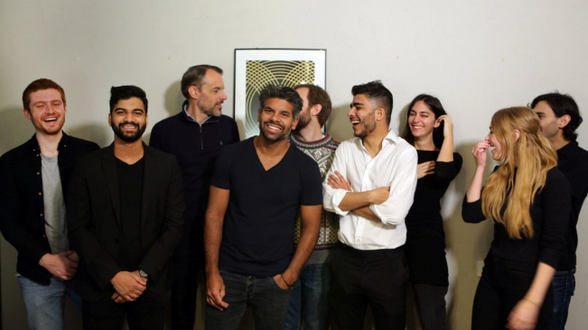 Ankit Desai, in the front wearing the white shirt, together with the Snafu Records team in Stockholm